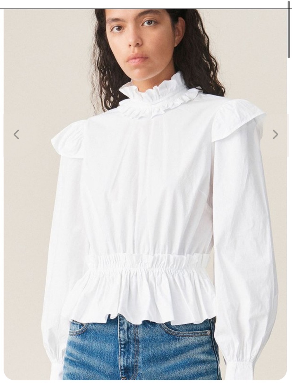 GANNI POPLIN CROPPED BLOUSE Organic COTTON White Long Sleeve Ruffle Neck 40 US L